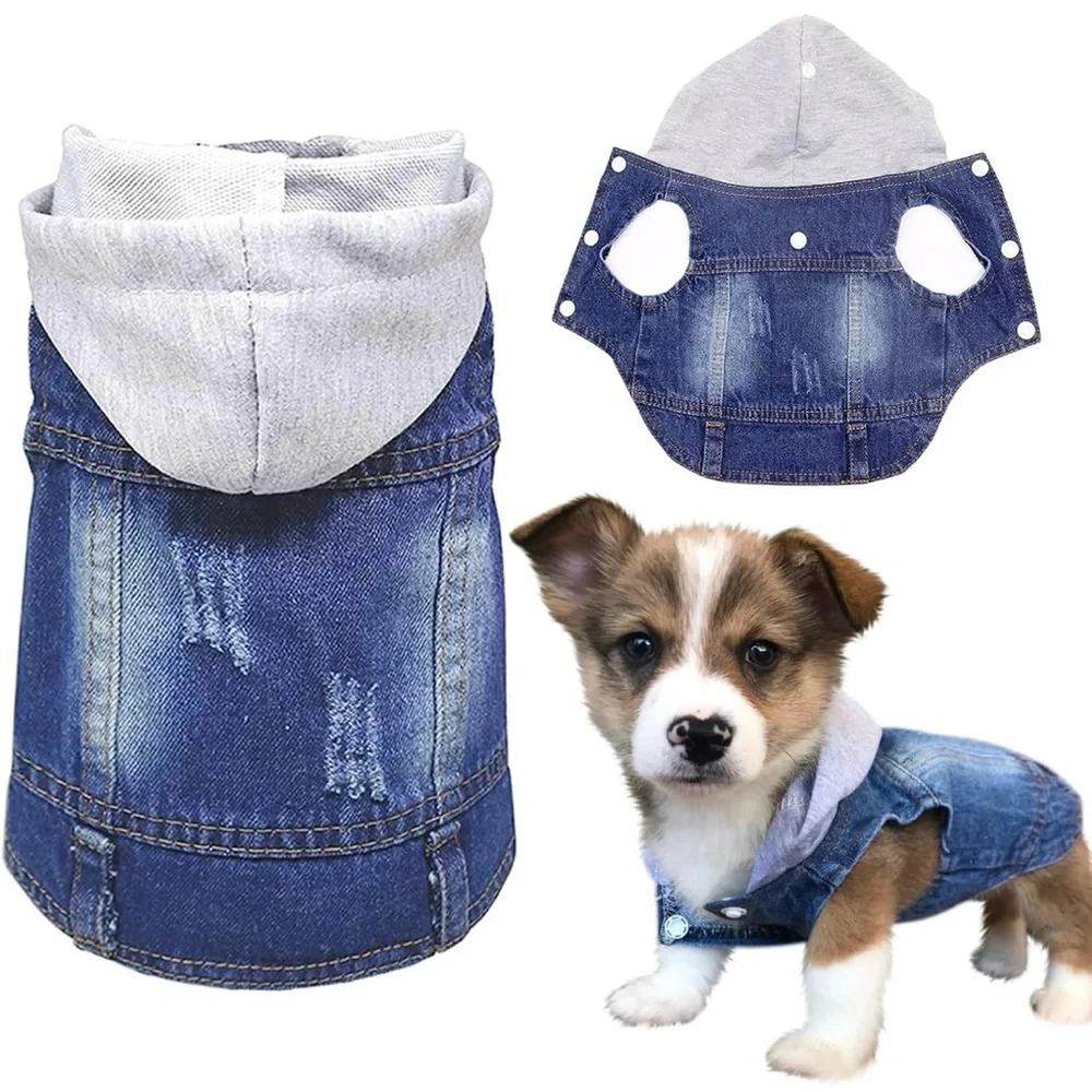 Stylish Blue Denim Dog Jacket with Gray Hood Medium - Picture 1 of 3